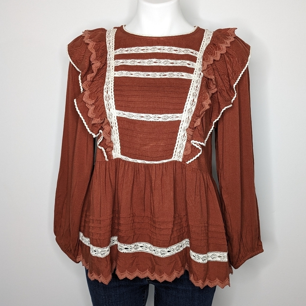 NWT Bohme brown lace ruffle long sleeve blouse S